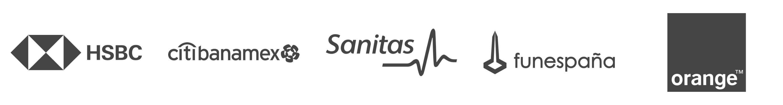 Logotipos clientes de Teknei: HSBC, Sanitas, Funespaña, Orange, Citibanamex